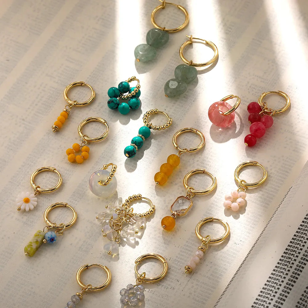 Femlion Golden Stone Beads Hoop Earrings Stainless Steel Circle Huggie Jewelry
