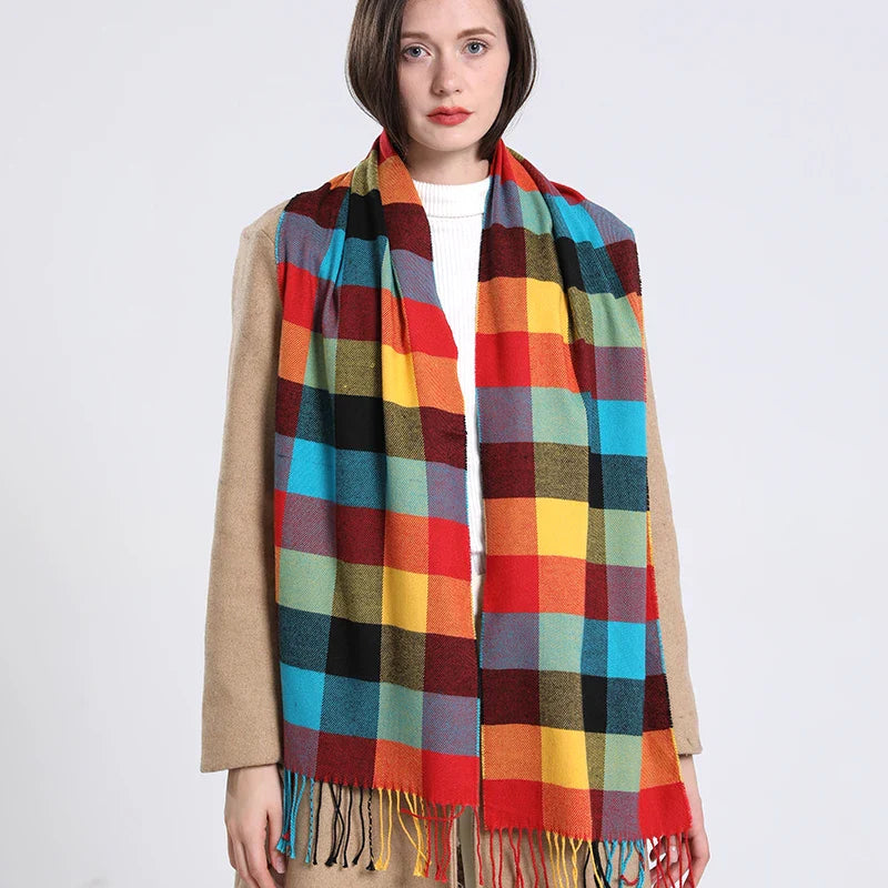 2024 Winter Plaid Cashmere Shawl by Femlion: Rainbow Hairy Tassel Scarf Women Neckerchief Buffanda