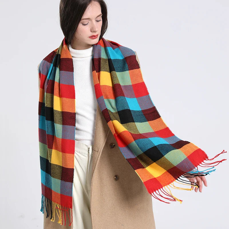 2024 Winter Plaid Cashmere Shawl by Femlion: Rainbow Hairy Tassel Scarf Women Neckerchief Buffanda