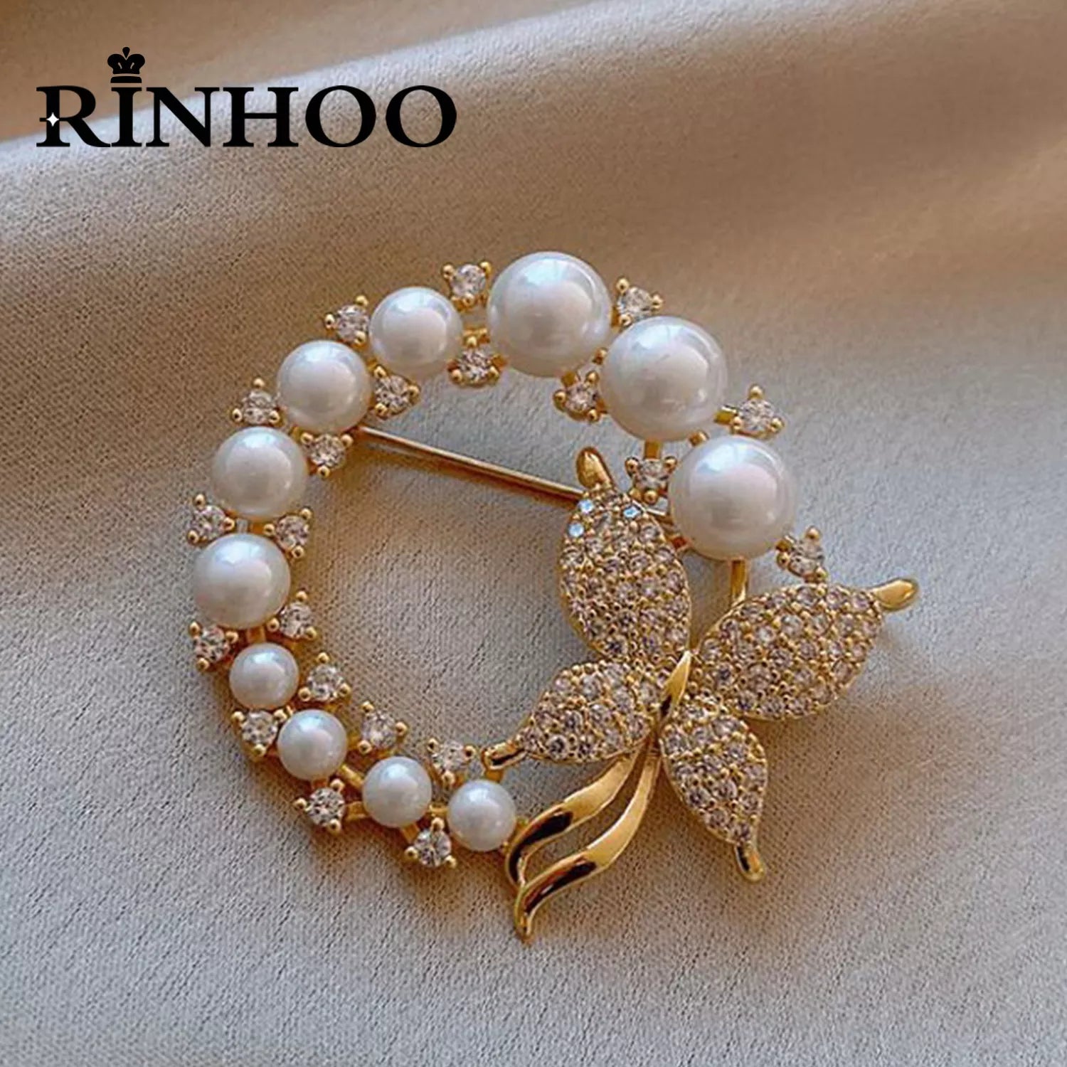 Femlion Elegant Butterfly Circle Brooch with Pearls and Rhinestones