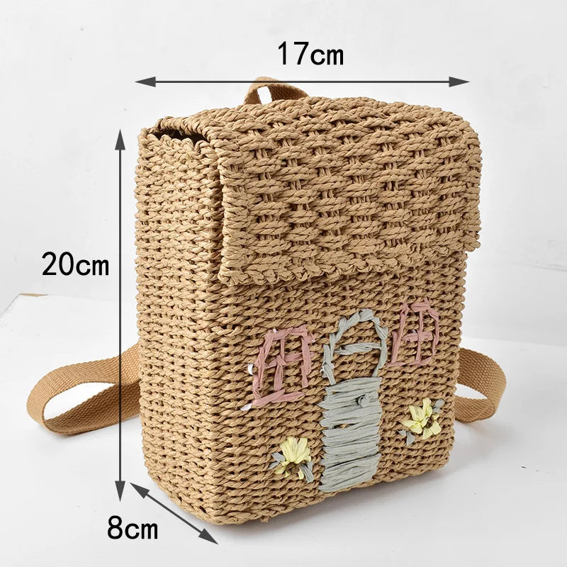 Femlion Straw Woven Double-Shoulder Backpack Bag