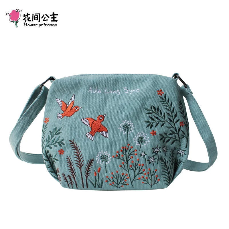 Femlion Embroidered Flower Canvas Crossbody Bag - Small Fashion Shoulder Purse