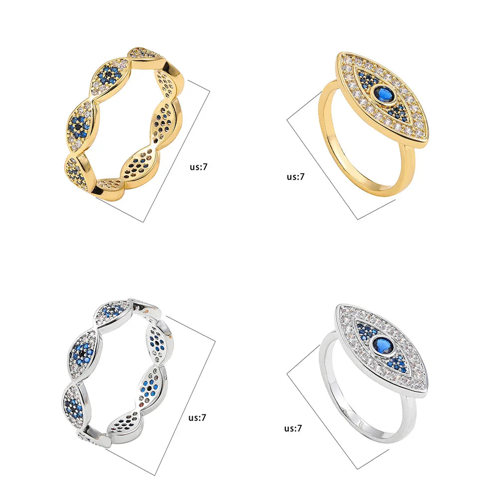 Femlion Turkish Blue Eye CZ Gold-plated Copper Charm Ring Vintage Ethnic Luxury Jewelry Gift