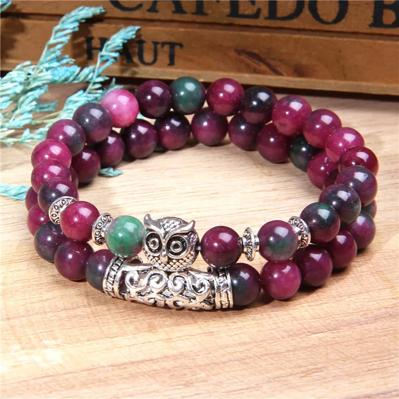 Polished Rhodochrosite Stone Owl Bangle Set by Femlion