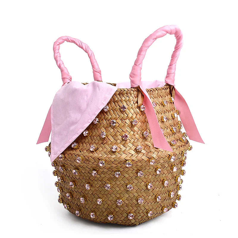 Femlion Colored Diamond Straw Bag with Rhinestone Embellishments