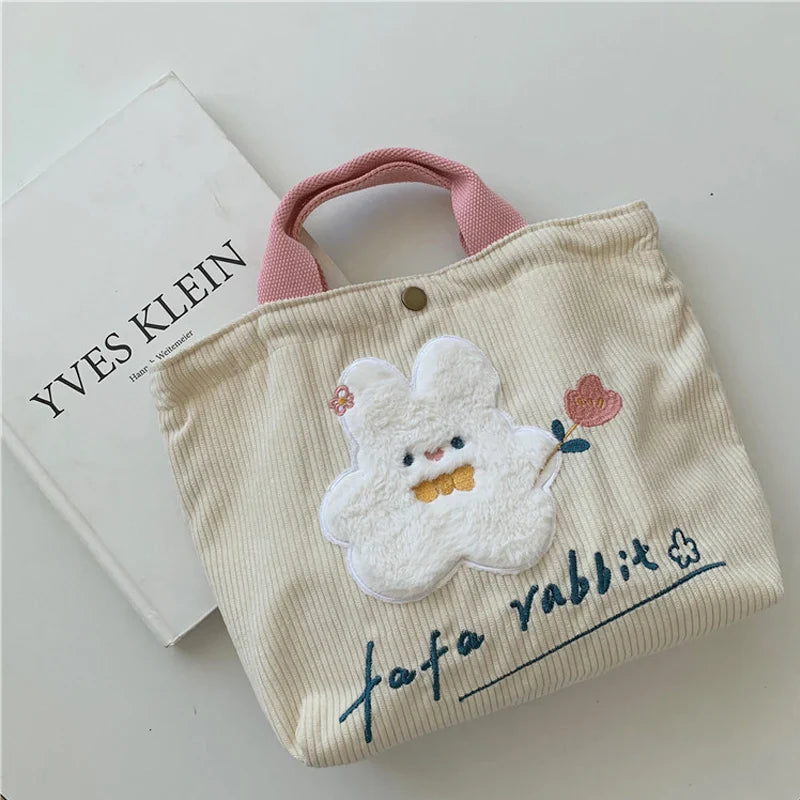 Femlion Cute Bunny Corduroy Tote: Small Embroidered Handbag for Girls