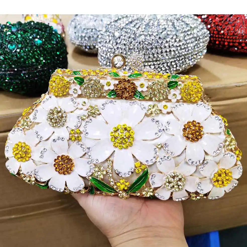 Femlion Crystal Diamond Evening Clutch Bag Luxury Flower Designer Box Handbag