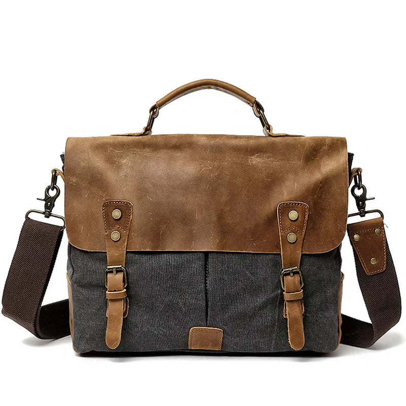 Femlion Canvas & Leather Messenger Bag: Retro Handmade Briefcase for Men