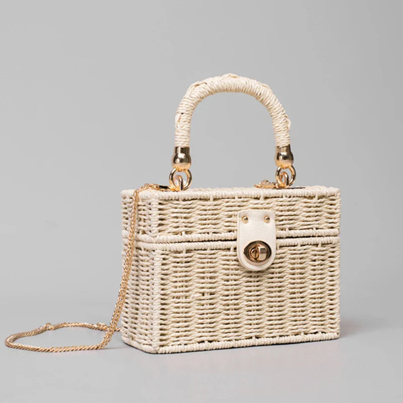 Femlion Rattan Straw Shoulder Bag Women Hand-woven Beach Handbag Messenger Square Box