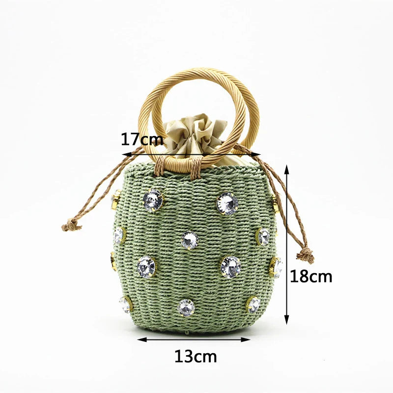 Femlion Rhinestone Crystal Straw Bucket Bag - Small Travel Purse