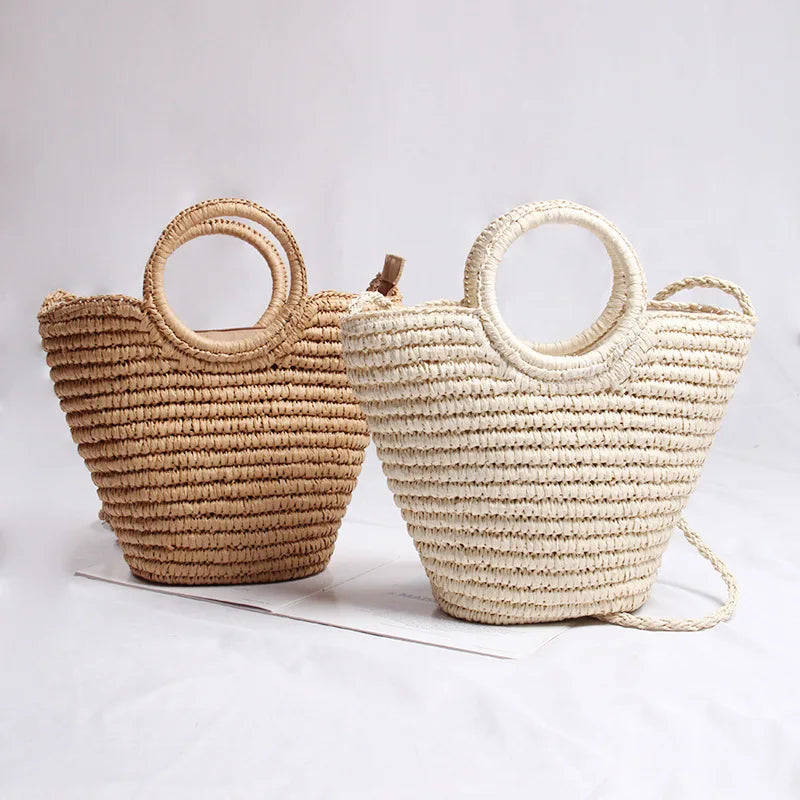 Femlion Round Straw Woven Bag One-Shoulder Handbag Beach Vacation Retro Style