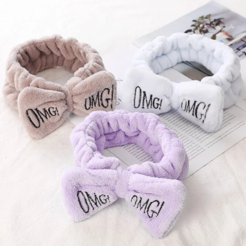 Femlion Embroidered Letter Coral Fleece Hairband Bow Face Washing Headwear