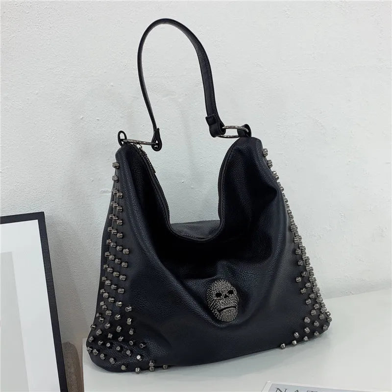 Femlion Punk Style Rivet Skull Shoulder Bag Large Capacity Crossbody Tote