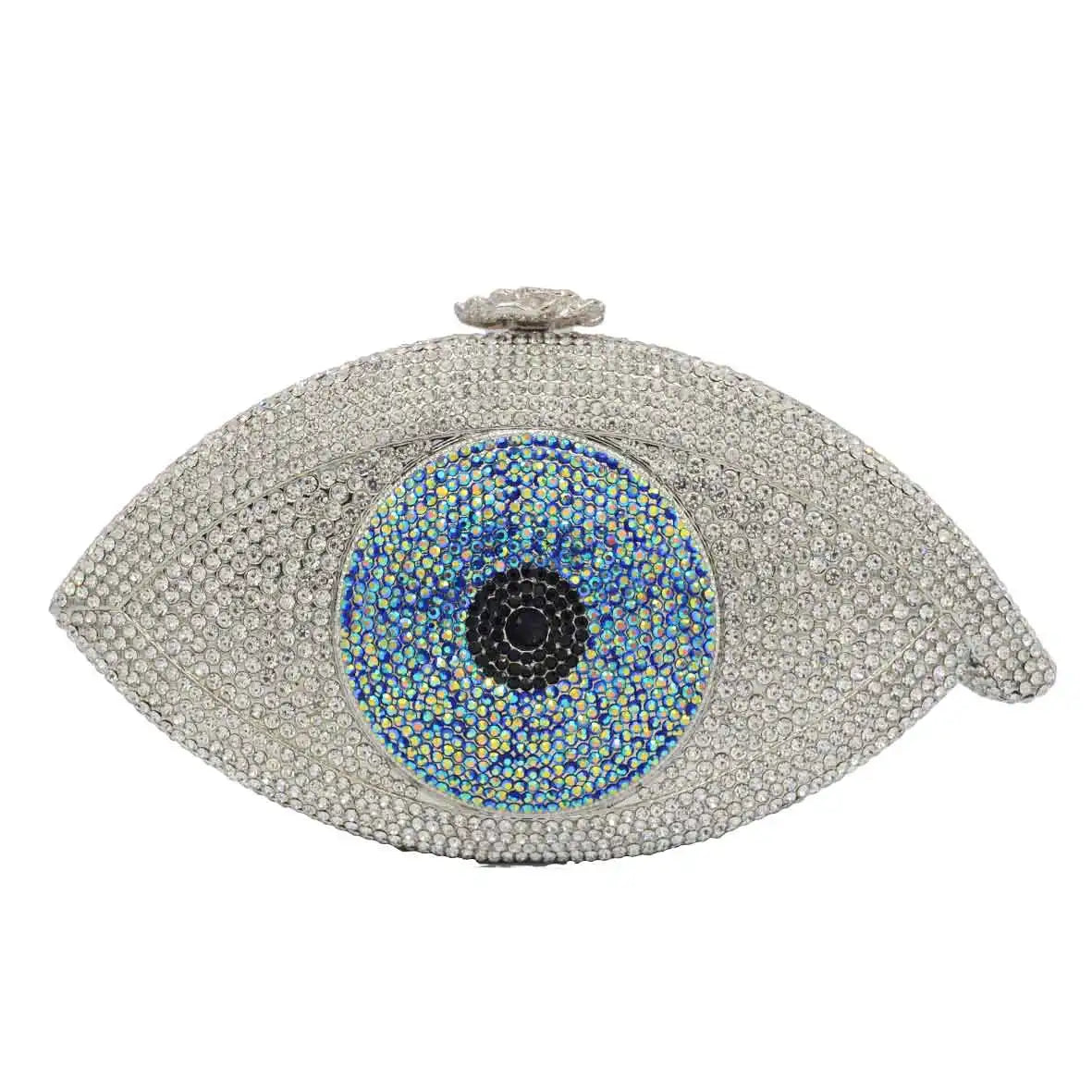 Femlion Crystal Evil Eye Evening Clutch: Luxury Silver Party Bag