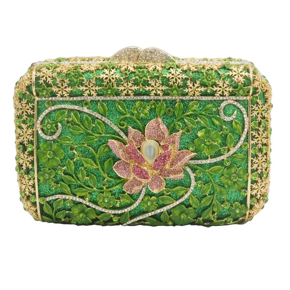 Femlion Green Flower Design Clutch: Luxury Prom Wedding Purse for Women