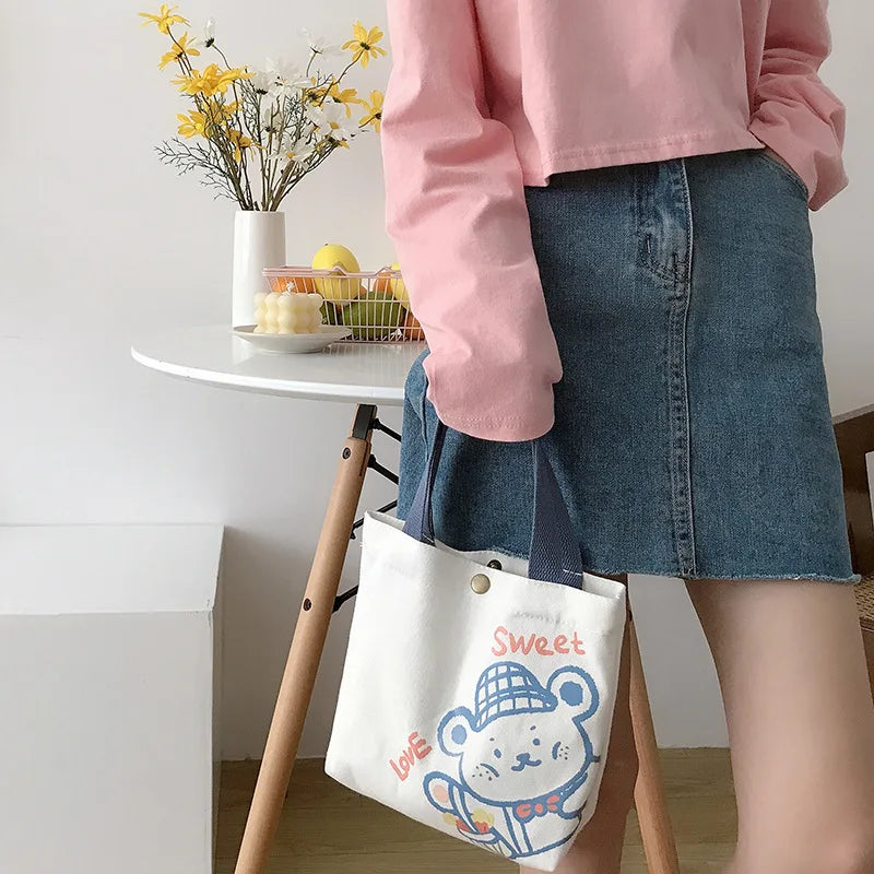 Femlion Little Canvas Handbag: Cute Print Small Tote Bag for Girls