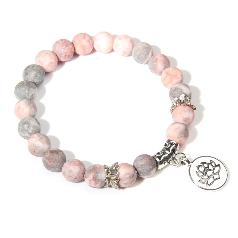 Pink Zebra Stone Buddha Prayer Bracelet with Lotus Charm by Femlion