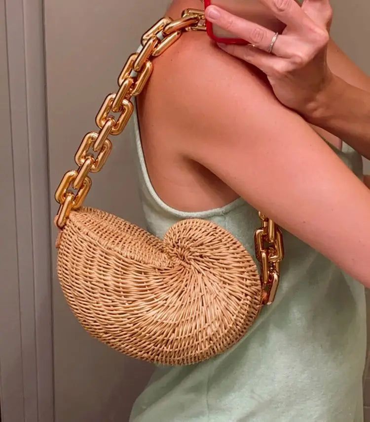 Femlion Luxury Rattan Conch Shoulder Bag Straw Handbag Wicker Woven Beach Purse