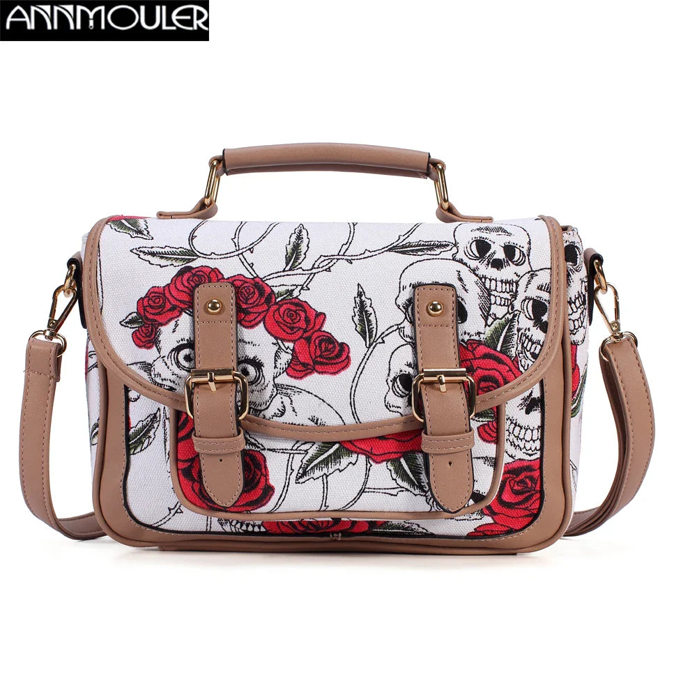 Femlion 2021 Canvas Skull Print Shoulder Bag Large Capacity Crossbody Handbag White