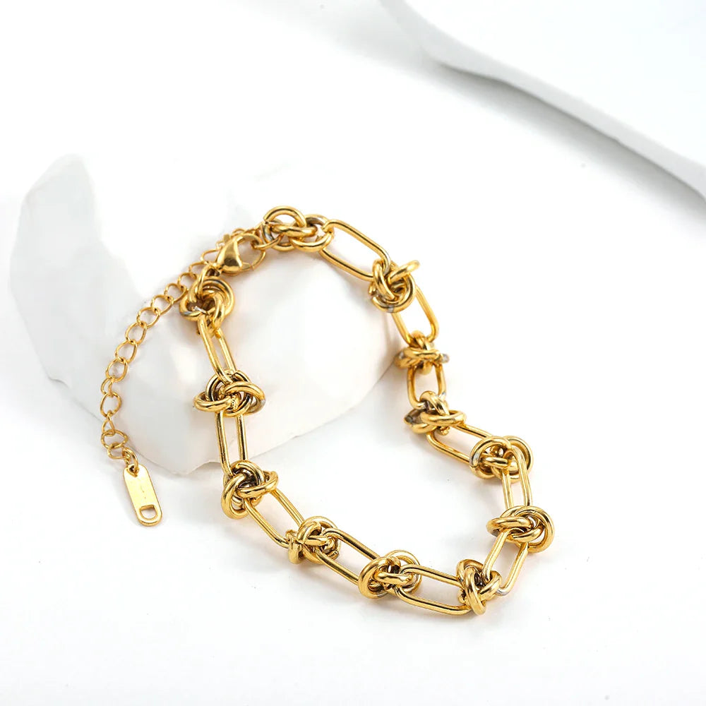 Femlion Gold Plated Knotted Chain Bracelet Stainless Steel Twisted Link Hip Hop Jewelry