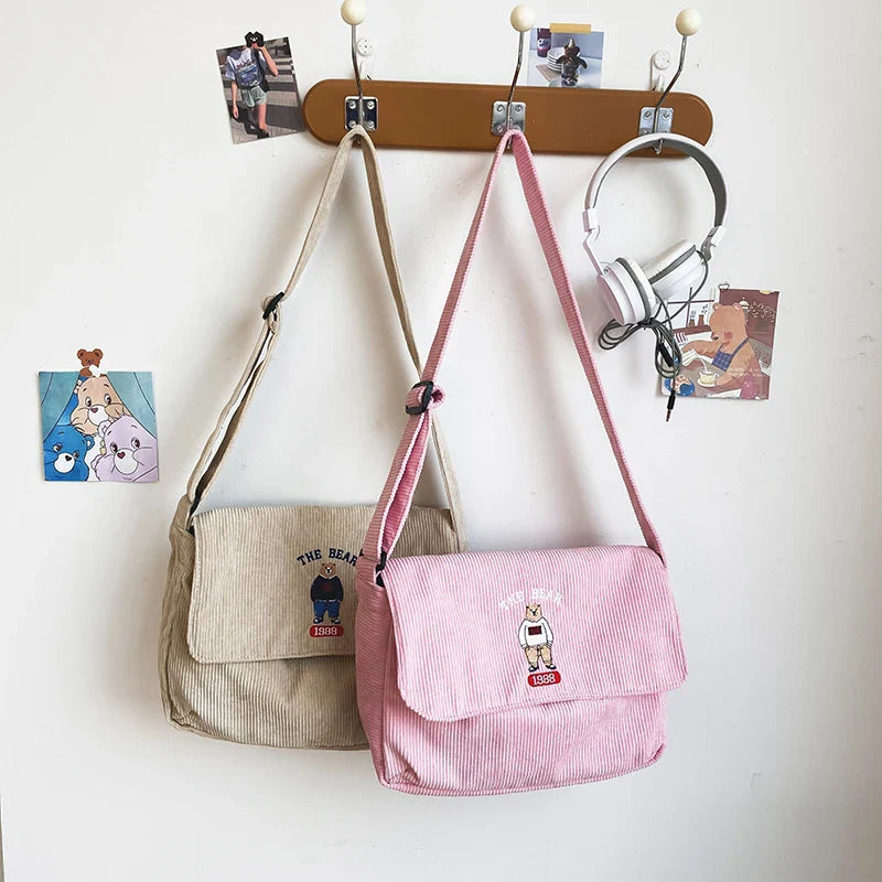 Femlion Cute Bear Embroidery Canvas Crossbody Bag for Students and School