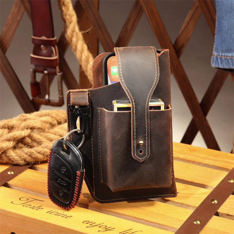 Femlion Genuine Leather Phone Waist Bag for Men - Tactical Outdoor Sports Waist Pack