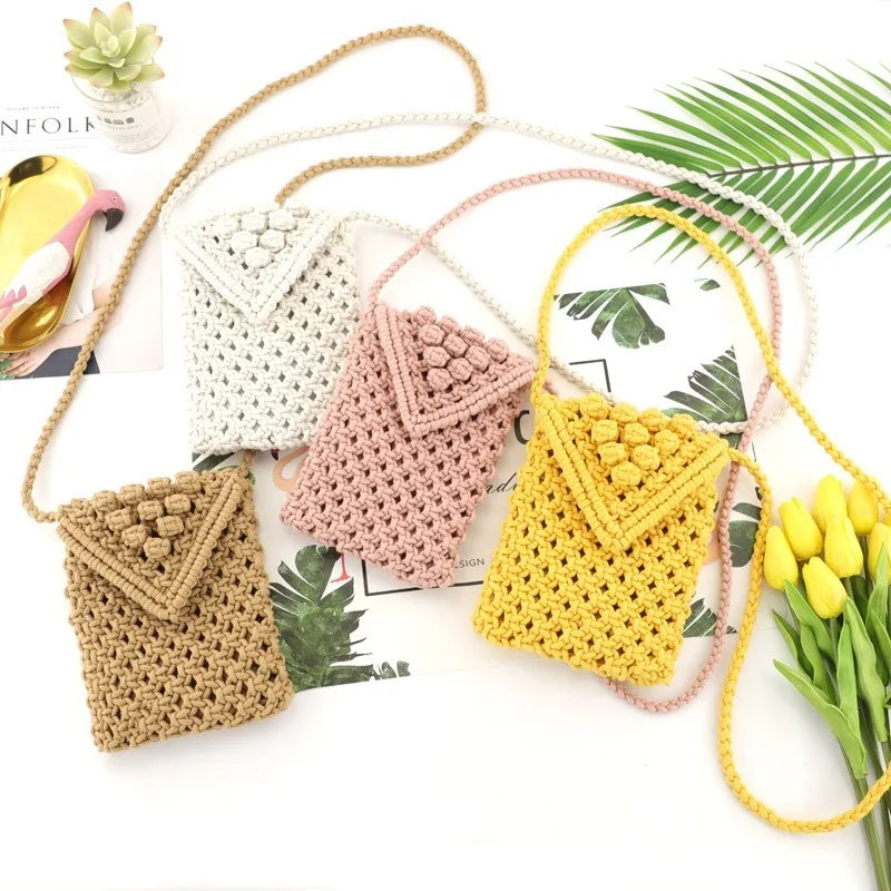 Femlion Cotton Rope Hand-woven Beach Bag Shoulder Straw Messenger Phone Bag