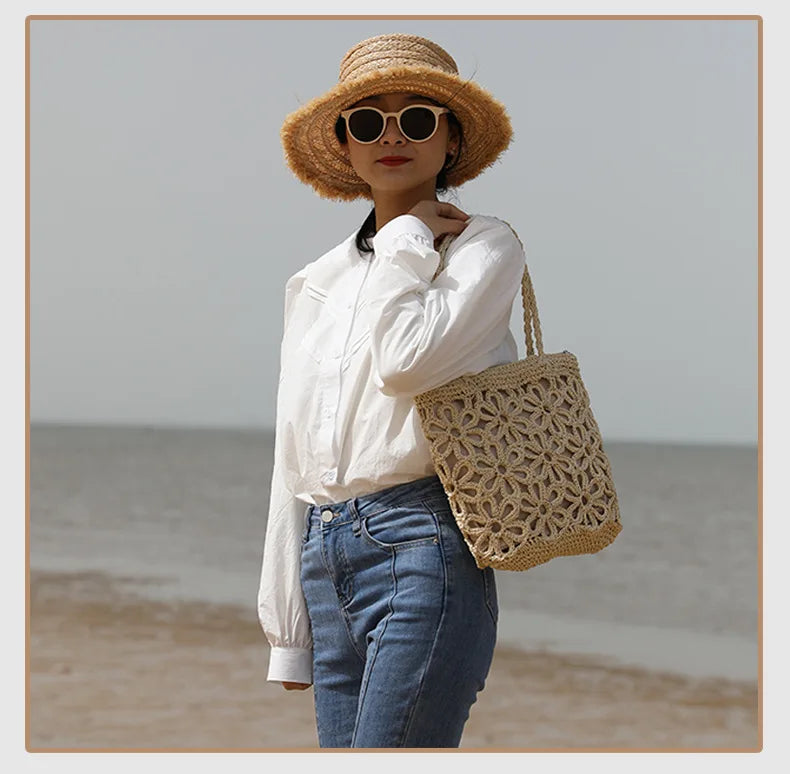 Femlion Hollow Flower Woven Straw Bag for Beach & Vacay