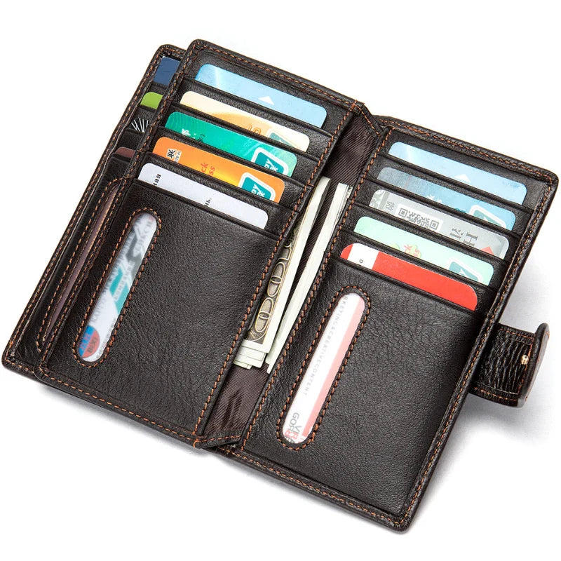 Femlion Genuine Leather Men's Long Bifold Wallet with 10 Card Slots