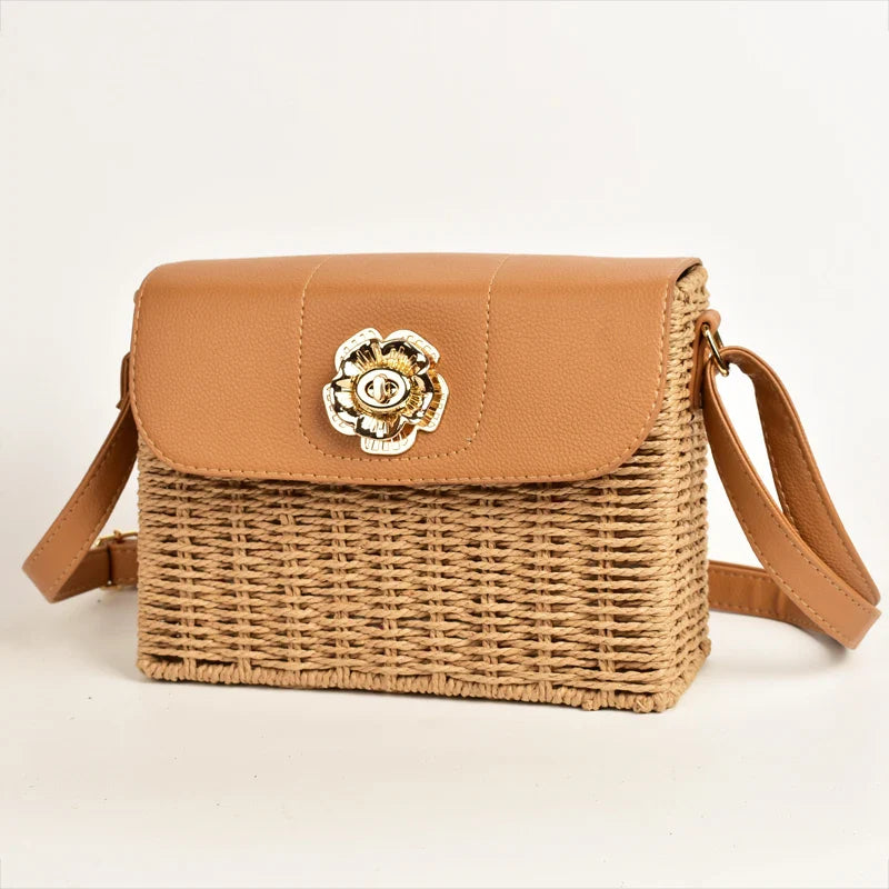 Femlion Chrysanthemum Lock Straw Bag, Trendy Rattan Beach Messenger Travel Small Bag