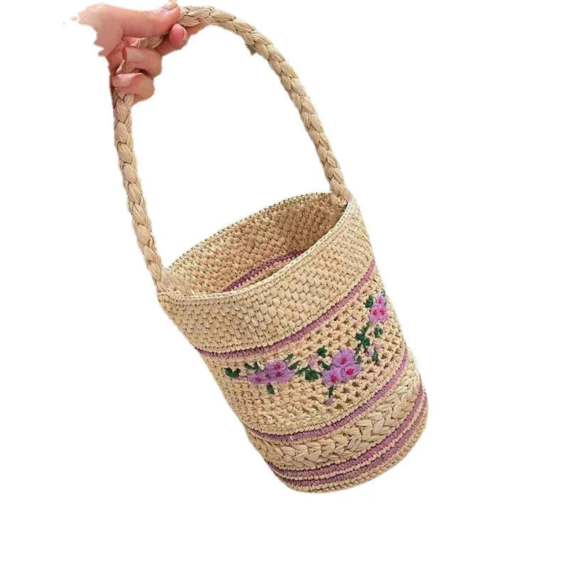 Femlion Raffia Woven Embroidered Straw Handbag - Stylish Hand-Carry Shopping Bag