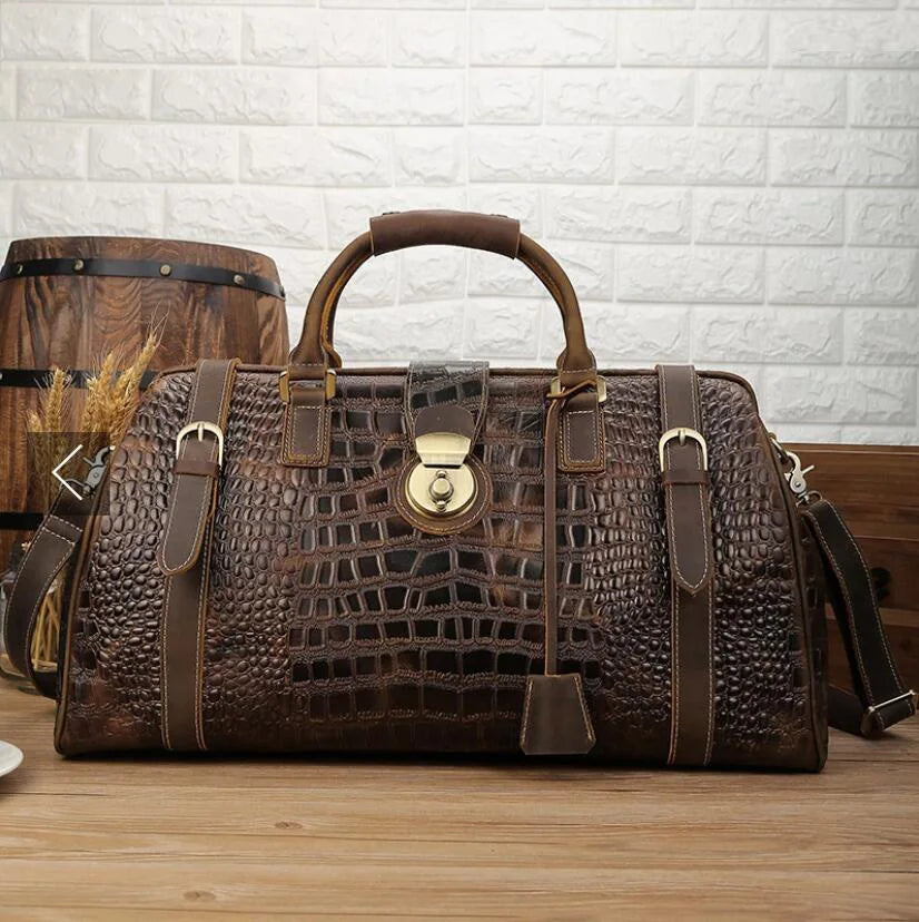 Femlion Alligator Leather Travel Handbag for Men - Luxury Design Trolley Bag