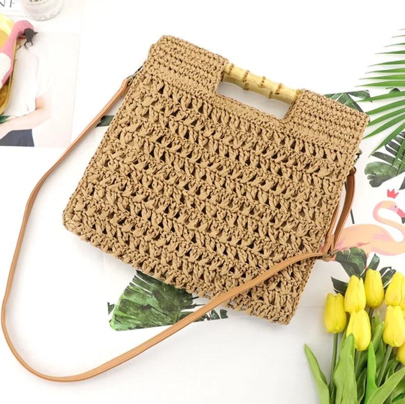 Femlion Bamboo Handle Handwoven Women's Tote Bag Vintage Shoulder Messenger Bag