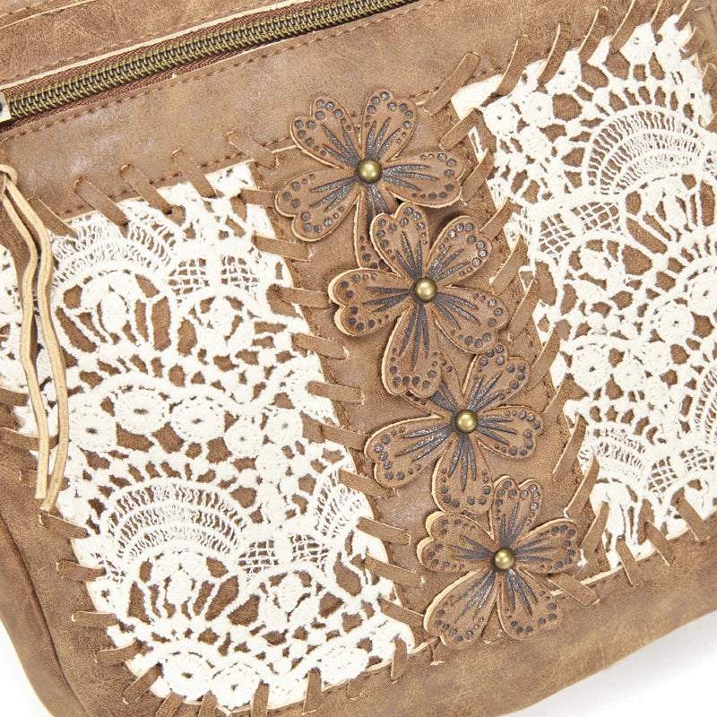 Femlion Lace Flower Shoulder Bag Small Women's Crossbody Purse Brown Totes