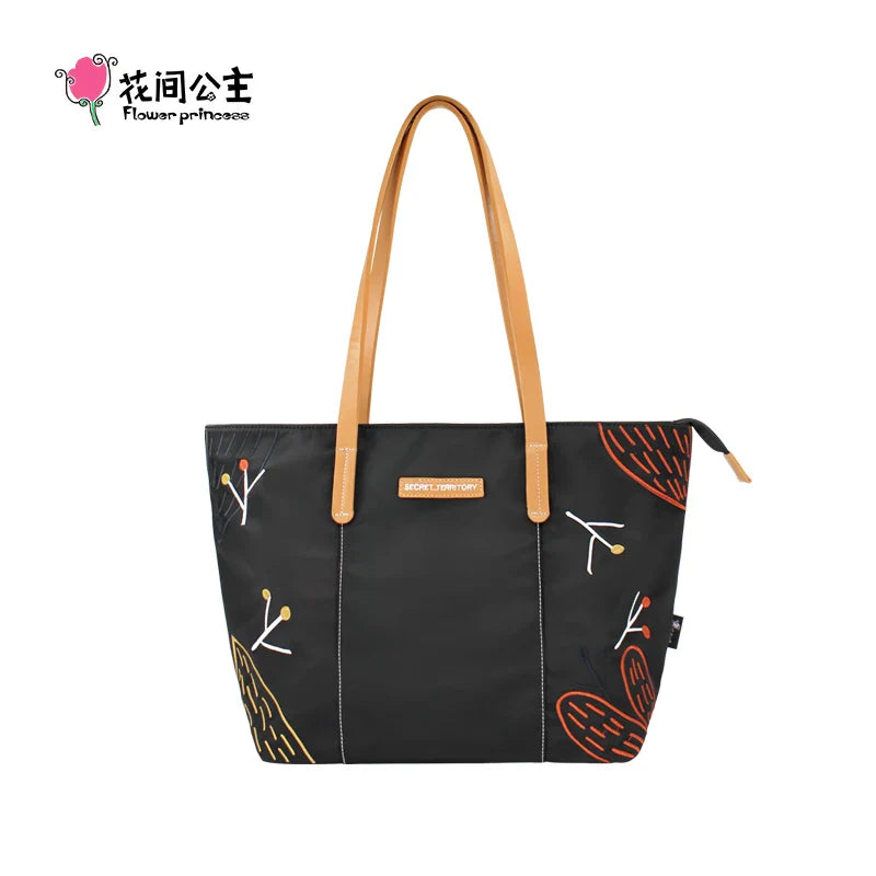 Femlion Flower Princess Large Black Nylon Tote Handbag New Fashion 2024