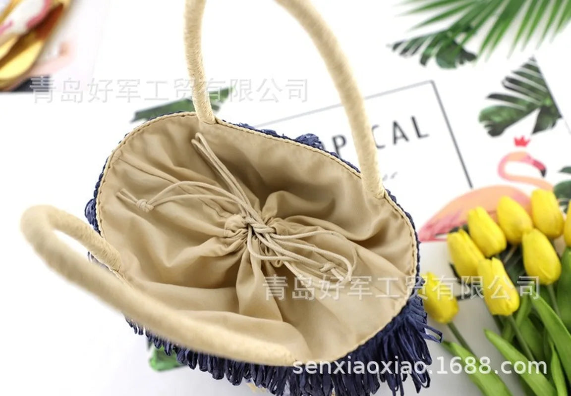 Femlion Tassel Paper Rope Straw Bag Portable Woven Beach Bag Casual Women's Handbag