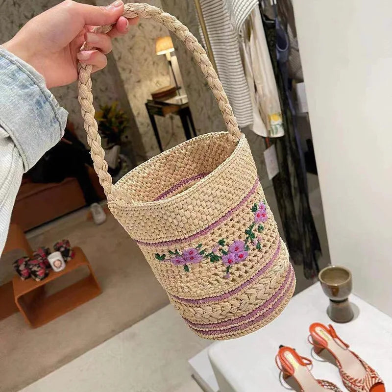 Femlion Raffia Woven Embroidered Straw Handbag - Stylish Hand-Carry Shopping Bag