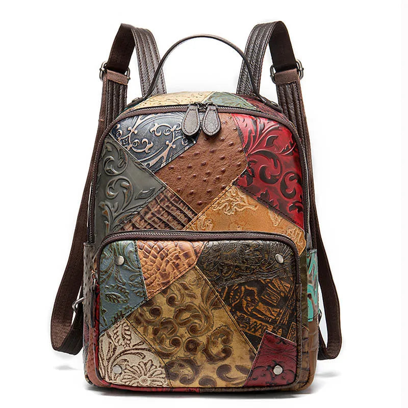 Femlion Patchwork Leather Backpack: National Style Girls Daypack & Travel Bag