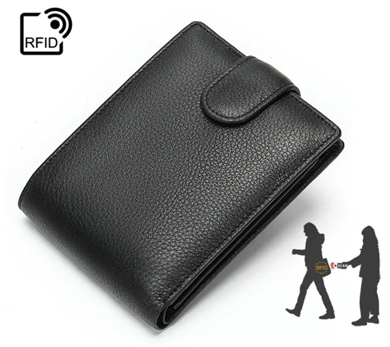 Femlion Black Leather Wallet RFID Protection Short Purse Cash Card Coin Purse