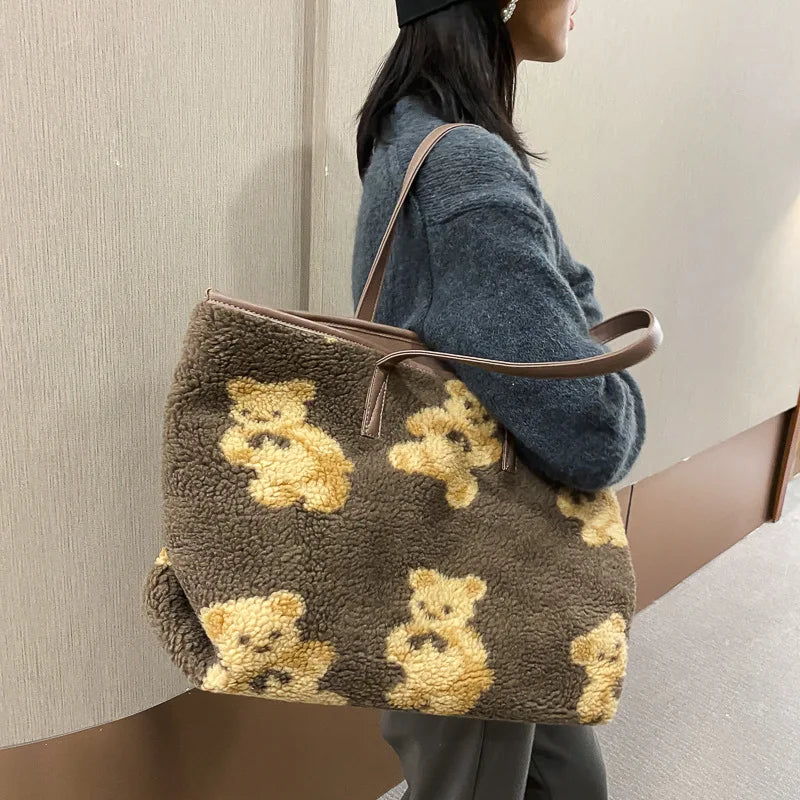 Femlion Warm Plush Shoulder Bag with Leather Patchwork Design and Cute Bear