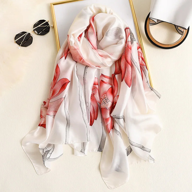 Femlion Luxury Silk Print Scarf, Autumn Winter Fashion Accessory