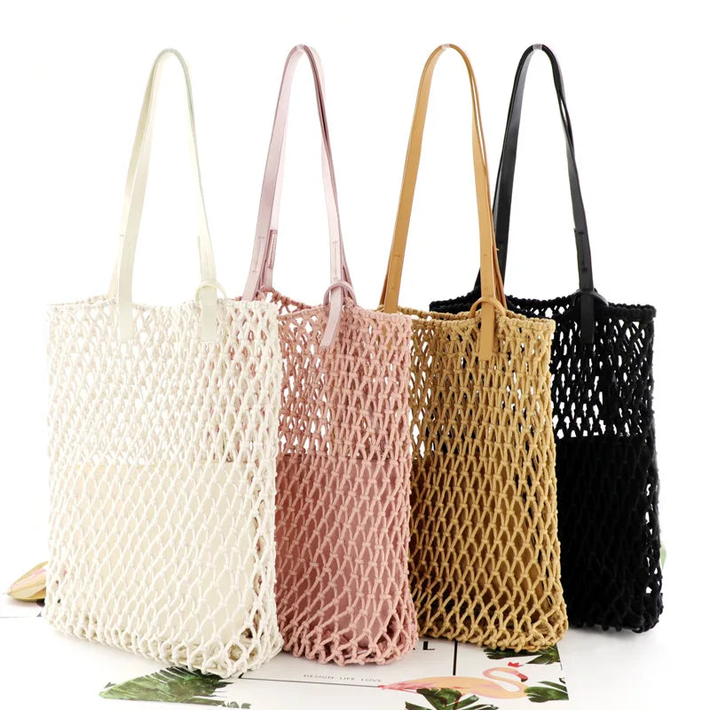 Femlion Boho Mesh Rope Weave Straw Shoulder Bag