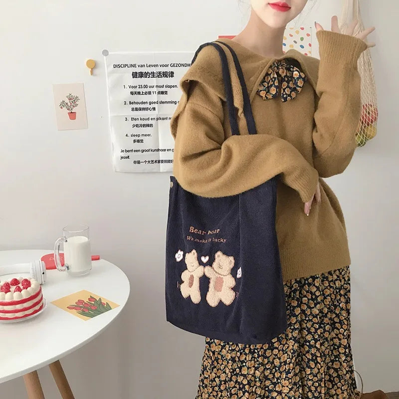 Femlion Lucky Bears Embroidery Corduroy Shoulder Bag - Eco-Friendly Canvas Tote