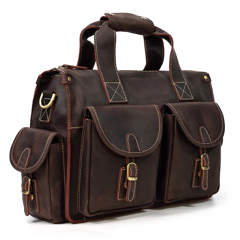 Femlion Men's Leather Business Briefcase Tote Bag - Brown