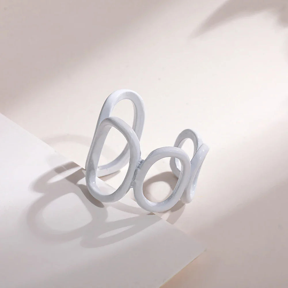 Femlion White Chain Rings: Geometric Open Rings for Women, Hand-painted Aesthetic Jewelry