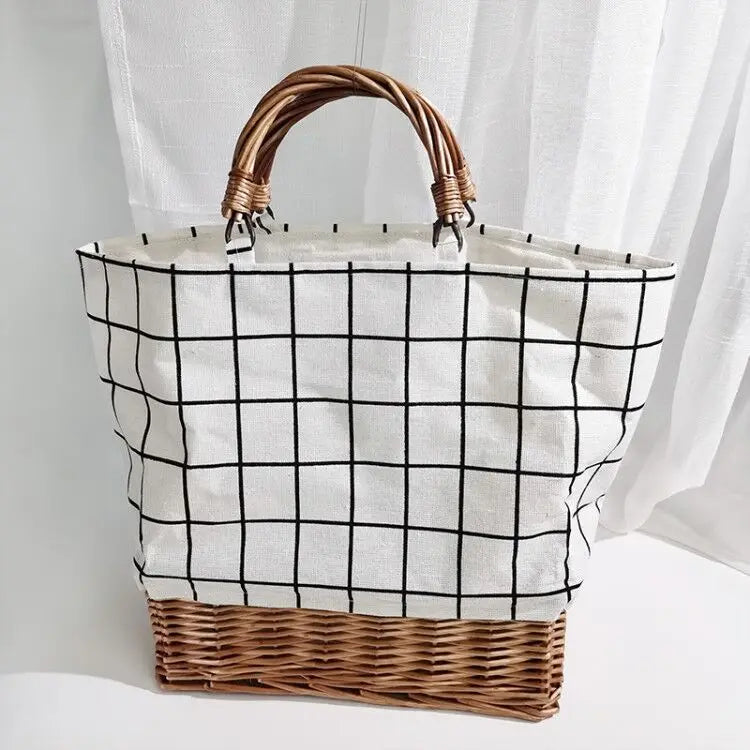 Femlion Plaid Rattan Weave Handbag with Canvas Splicing and Stripe Design