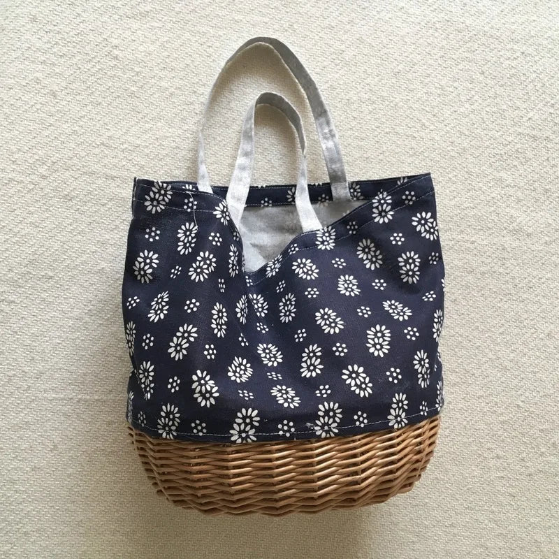 Femlion Flower Pattern Straw Weave Linen Bucket Bag