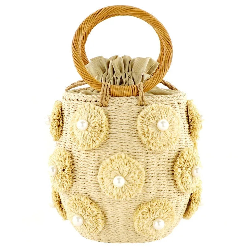 Femlion Pearl Straw Bag: Round Barrel Woven Beach Bag for Fashionable Women