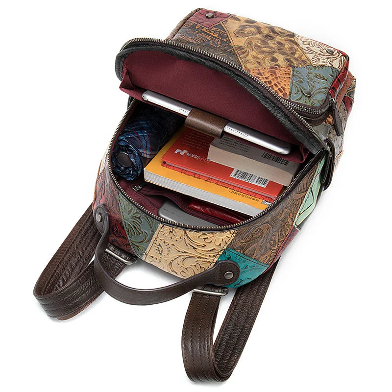 Femlion Patchwork Leather Backpack: National Style Girls Daypack & Travel Bag