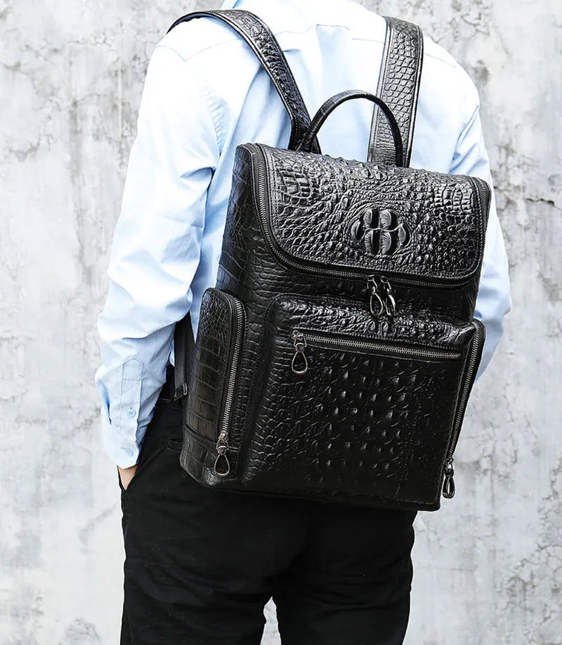 Femlion Crocodile Leather Men's Backpack - Stylish Cowhide Travel Bag